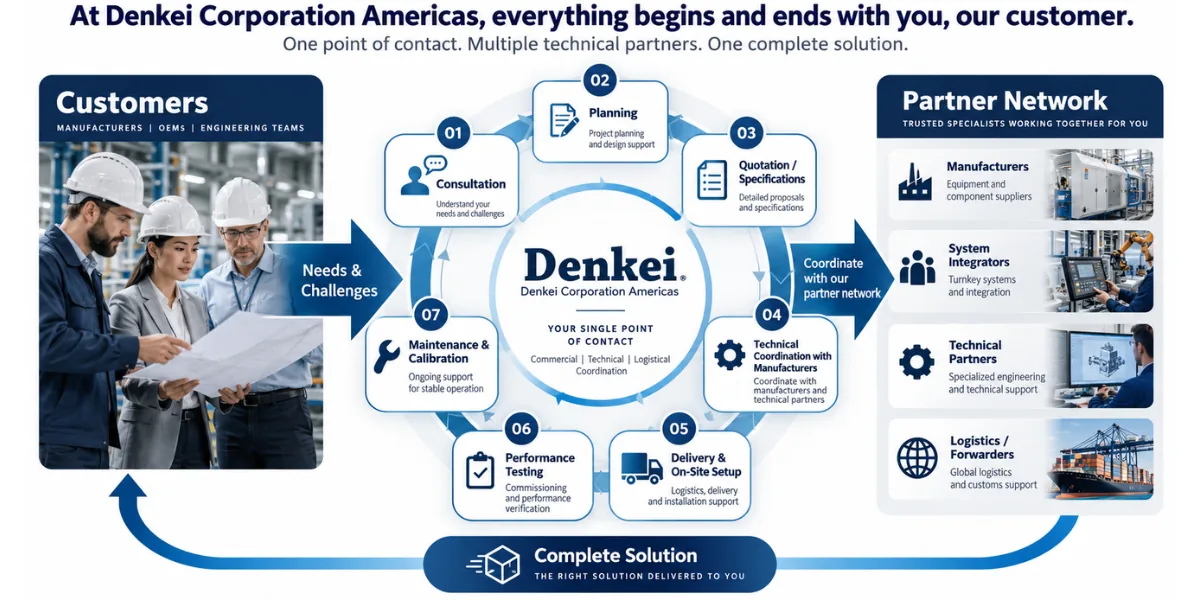 Denkei Corporation Americas complete solution process connecting customer needs with manufacturers, system integrators, technical partners, logistics, and ongoing support